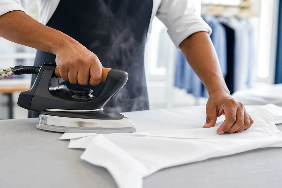 Professional steam ironing of a crisp white shirt