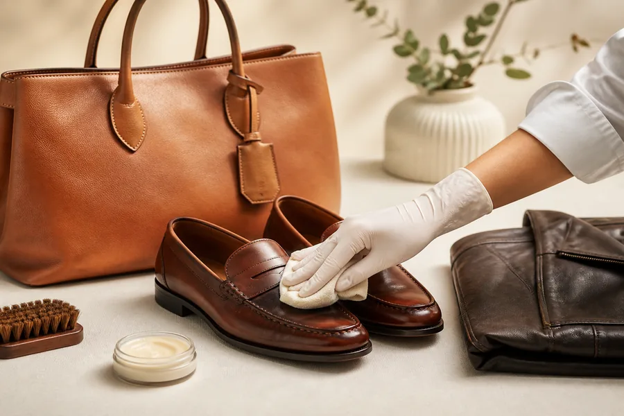 Professional care for leather shoes, handbag and jacket