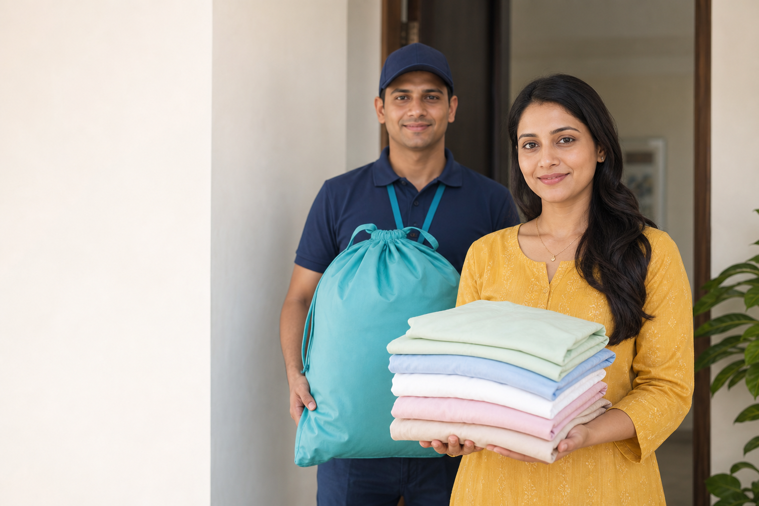 Indian customer holding freshly folded clothes with a local WashiWow laundry pickup professional